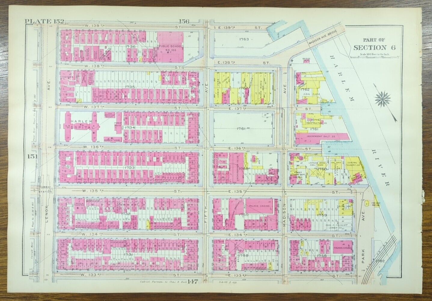 Vintage 1916 HARLEM MANHATTAN NEW YORK CITY NY Map ~ MADISON PARK ~ G.W. BROMLEY