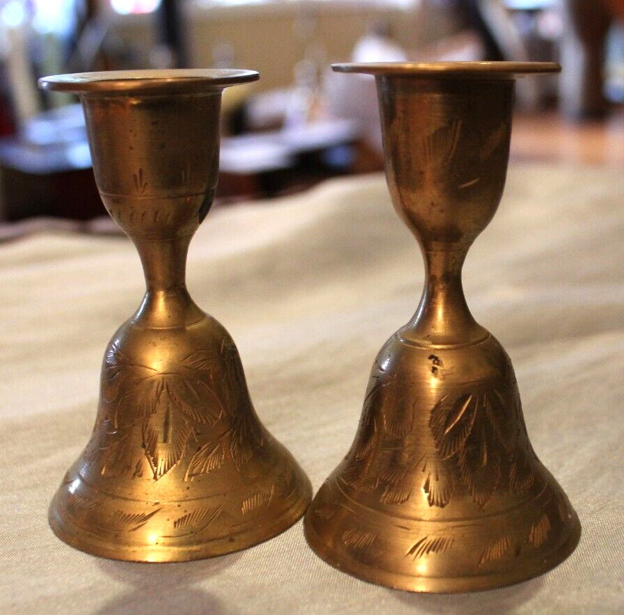Vintage Pair Brass Bell Candlesticks India 3 1/2\