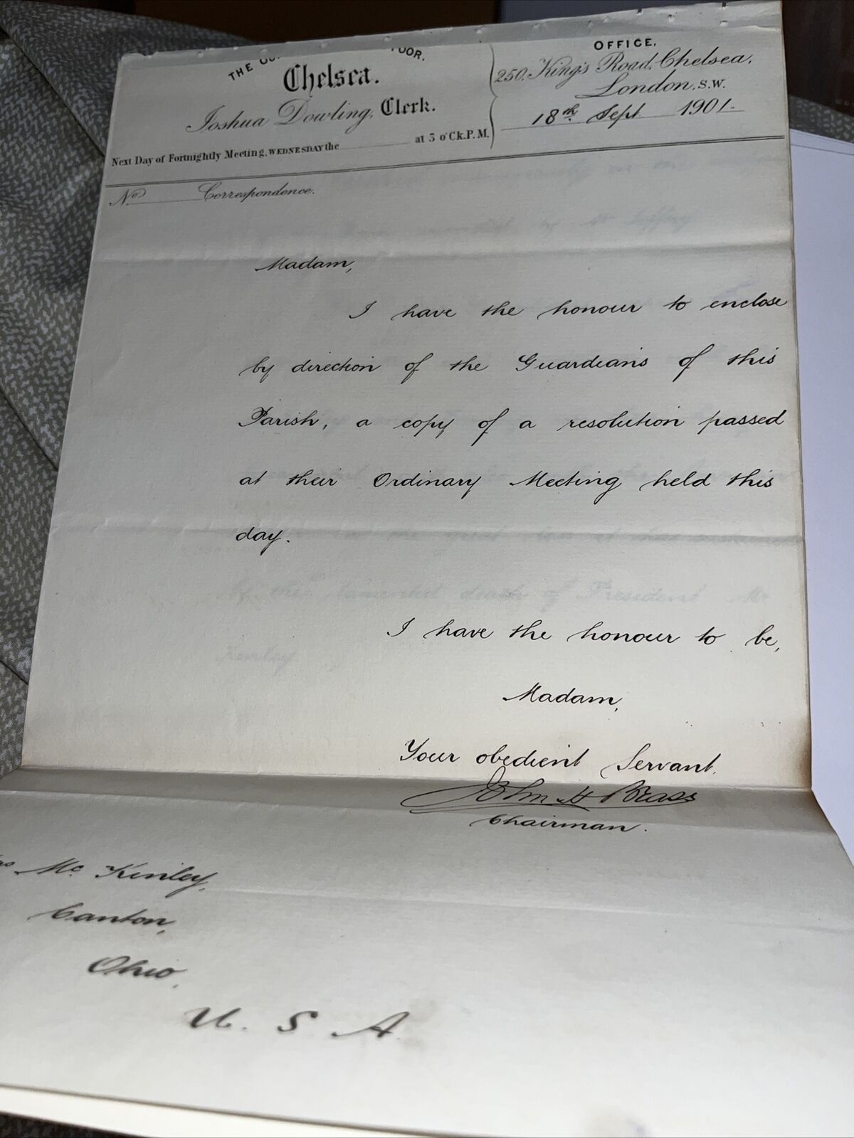 1901 Guardians of the Poor Chelsea London England Letter: McKinley Assassination