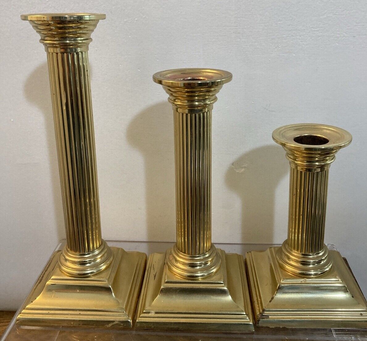 3 Vintage Baldwin Polished Brass Candlesticks Colonnade Graduated Columns