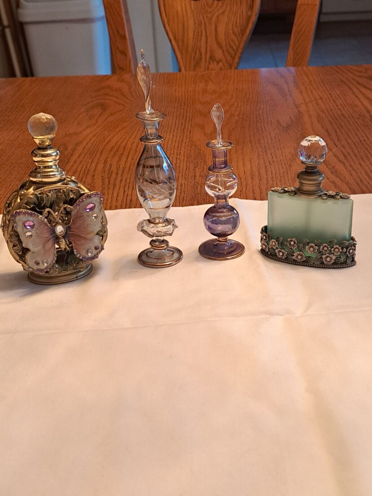 Perfume Bottles Butterfly, Floral With Rhinestones & Unique Glass Set Of 4
