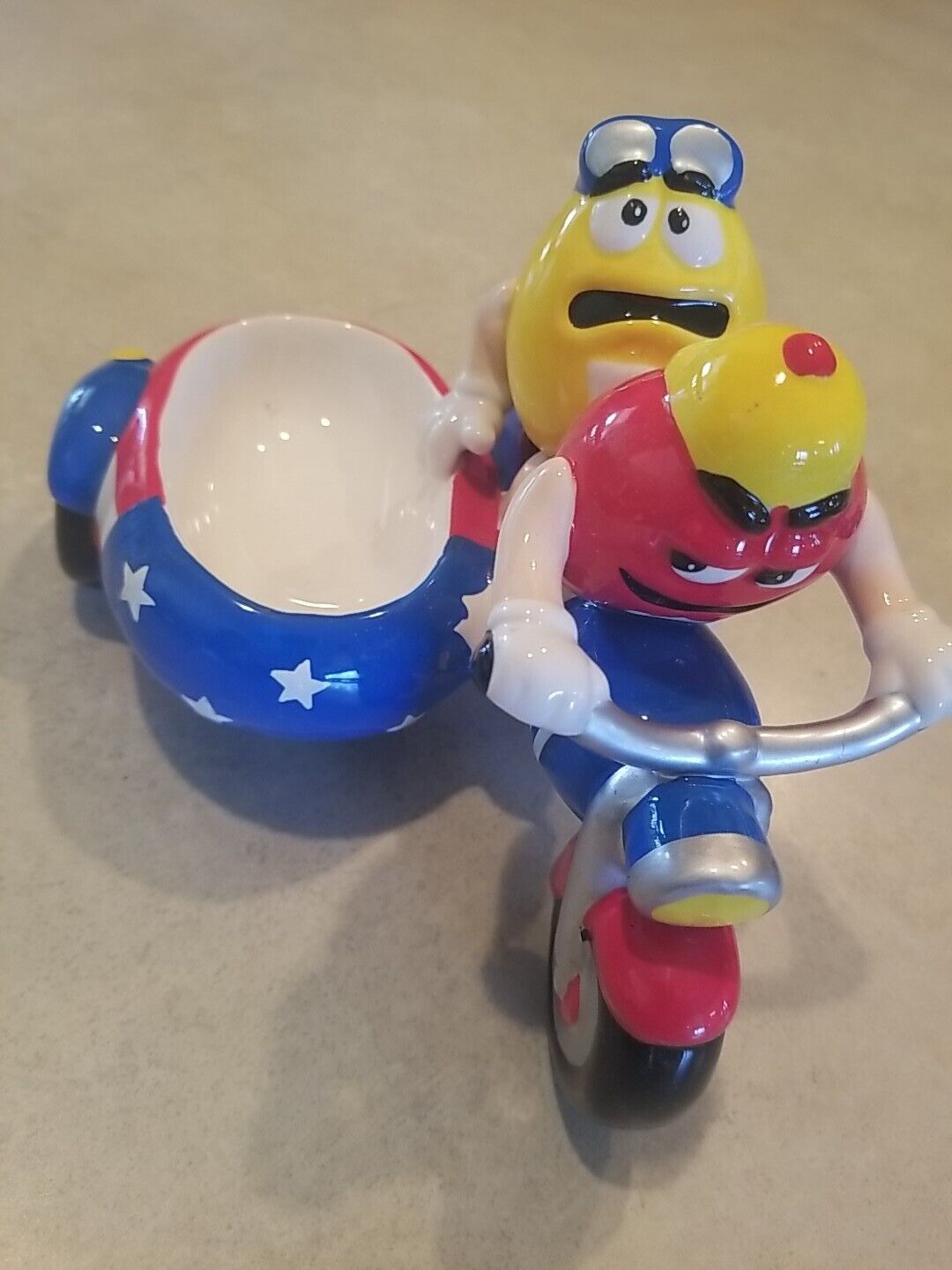 M&M\'s Galerie Ceramic Motorcycle w/ Side Car 2002 Candy Dish Red & Yellow  Stars