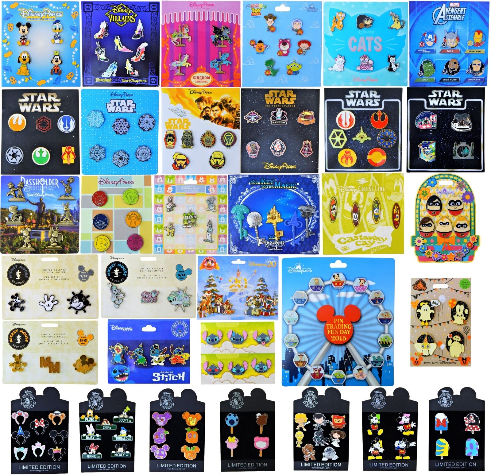 New Disney Booster Pack Sets Lot Assorted Pin Sets on Cards Guaranteed 25 Pins