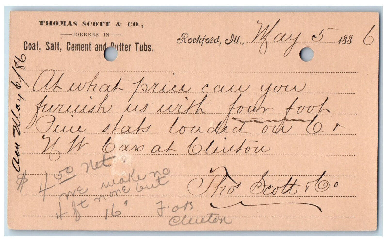 1886 Thomas Scott & Co. Rockford Illinois IL Clinton Iowa IA Postal Card