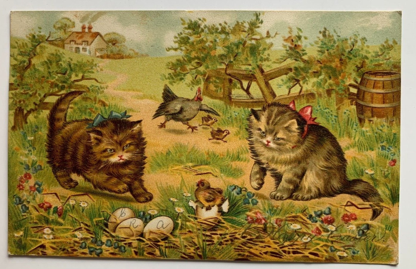 Vintage 1907 Easter Postcard Cats Kittens hens eggs Raphael Tuck 