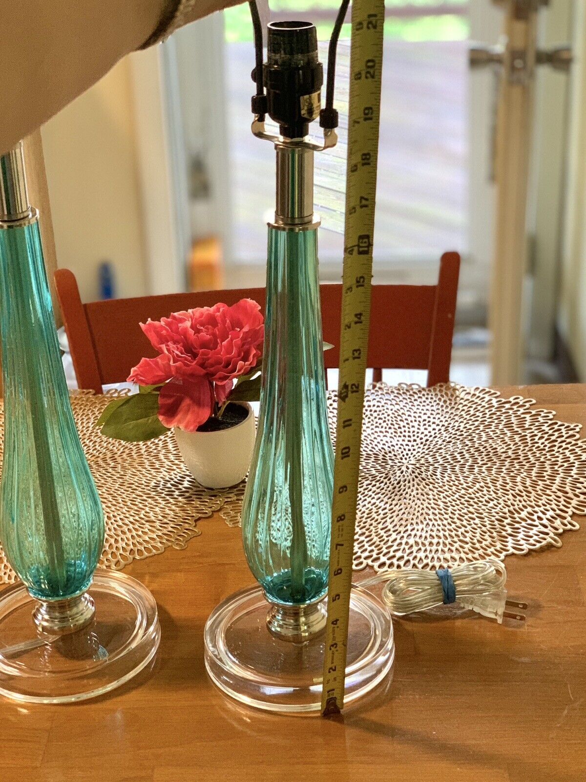 Pair Tall Aqua Turquoise Glass Lamps Repro MCM style.  Mint Condition