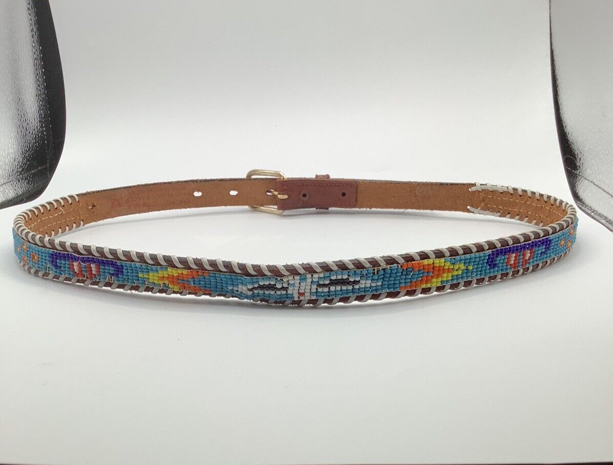 Vintage 1970s Beaded Native American Belt Size 37 Inch Belt Buckle To End
