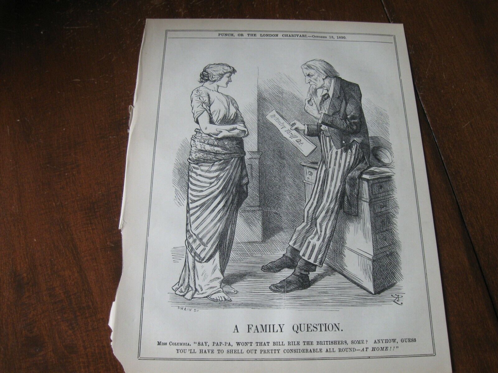 Miss COLUMBIA Uncle SAM w McKINLEY TARIFF Act    1890 Original POLITICAL CARTOON