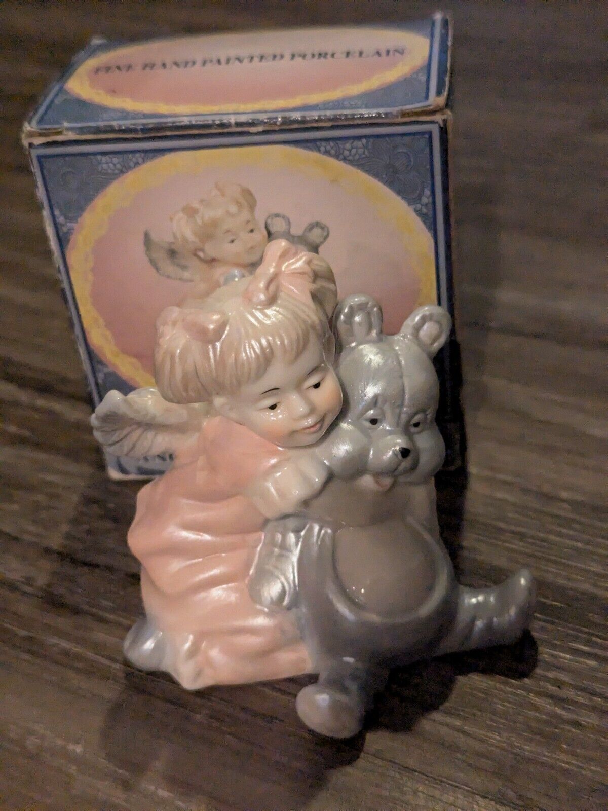 Vintage Cracker Barrel Hand Painted Porcelain Angel Girl With Bear Figurine