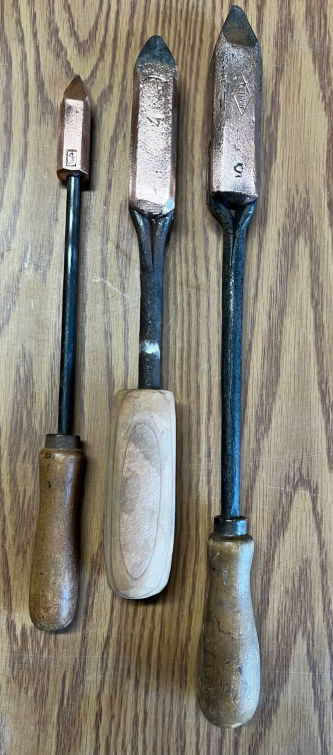Lot of 3 Vintage Antique Soldering Irons Mixed Handles and Heads Copper & Wood