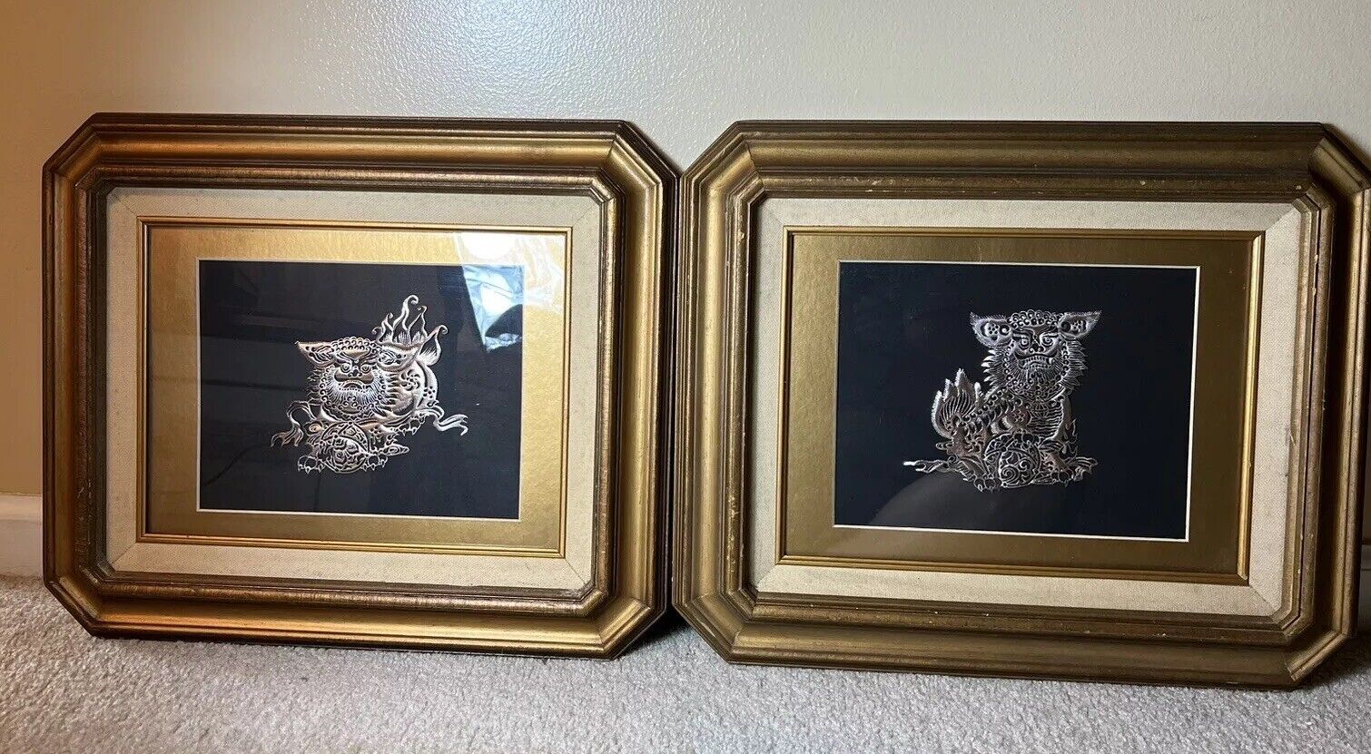 Two Vintage Chinese Silver Paper Cut Foo Dogs Matted With Wood Frame