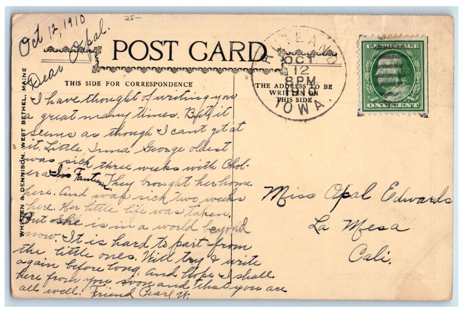 1910 Old Friends Message Forest River Scene Rutland Iowa IA Antique Postcard