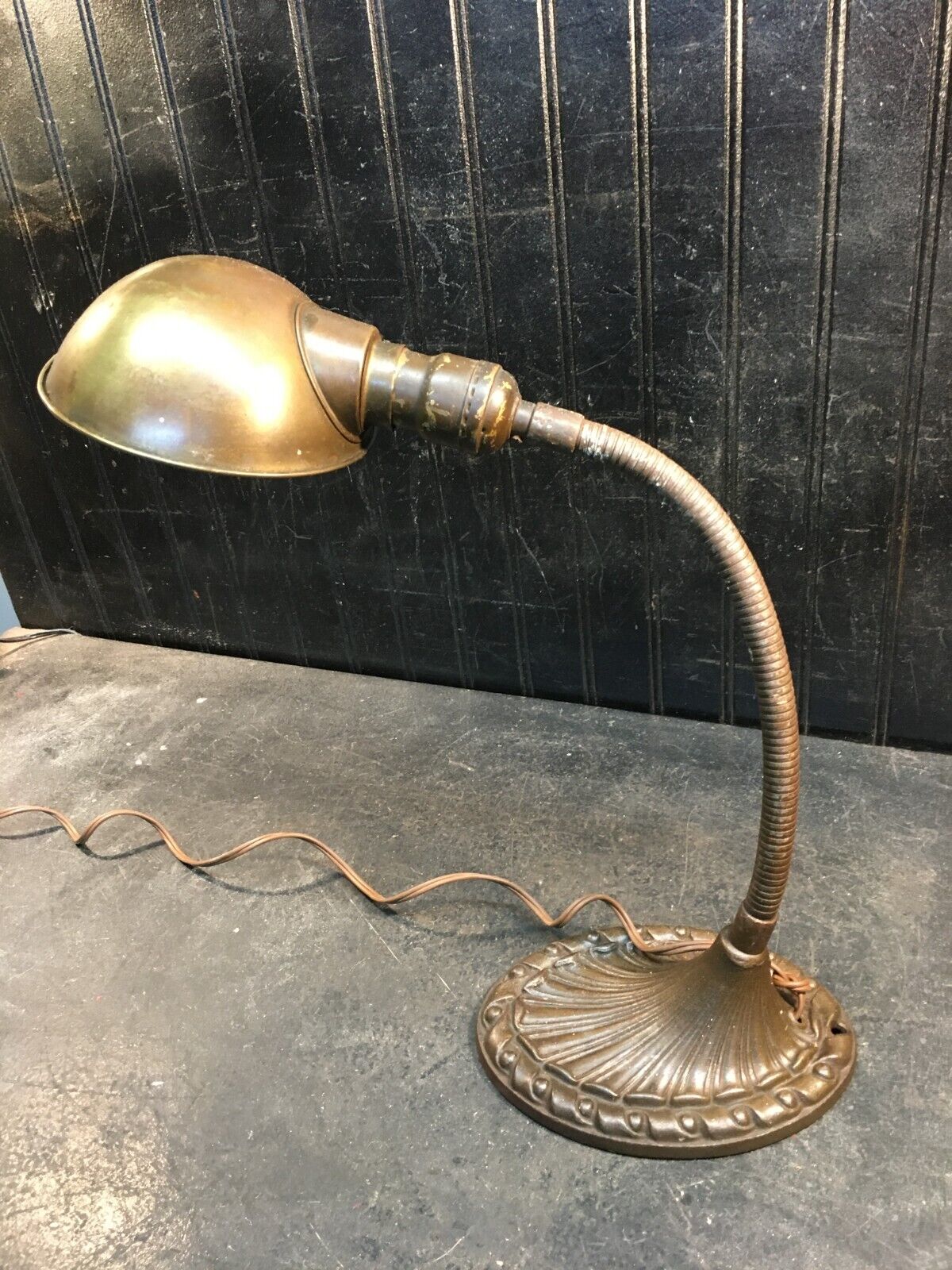 Vin Flexable Goose Neck Desk Lamp Cast Iron Base Brass Shade  1940s