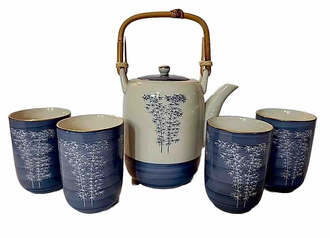 Vintage Tachikichi Japanese Porcelain Tea Set Teapot 4 Cups Bamboo Blue White