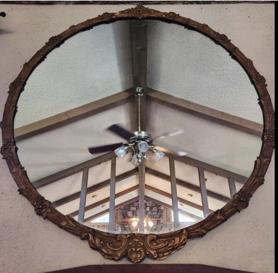 40” Vintage Round Gold Brass And Wood Floral Mirror