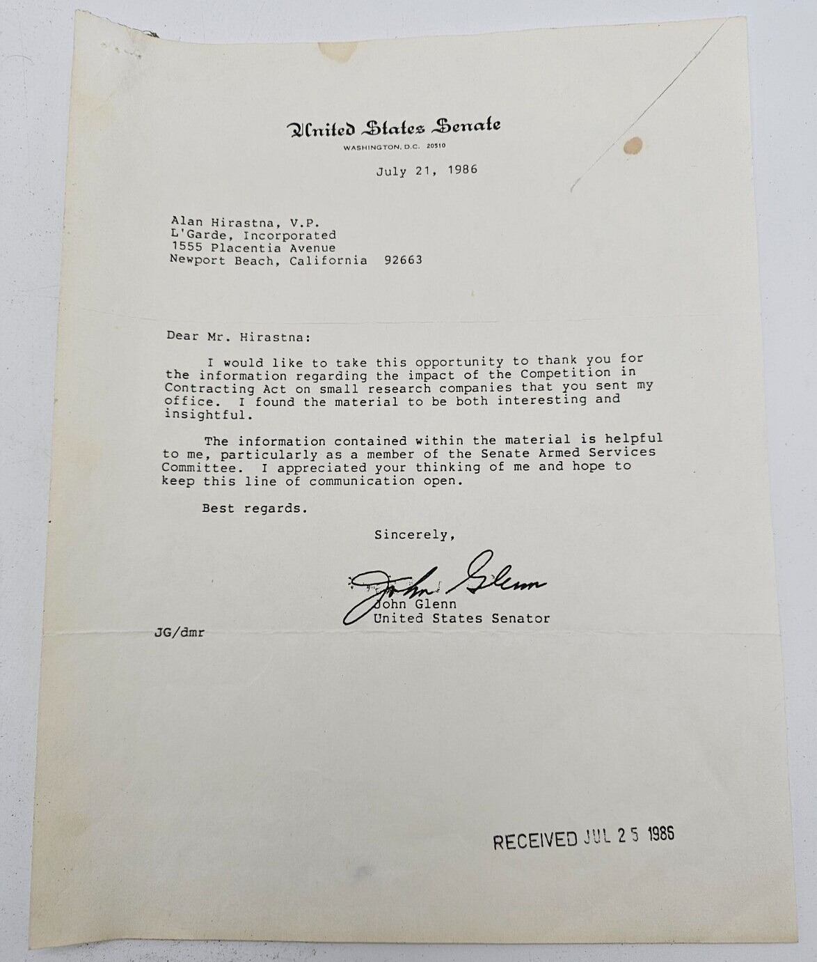 1986 Signed Letter From Senator John Glenn