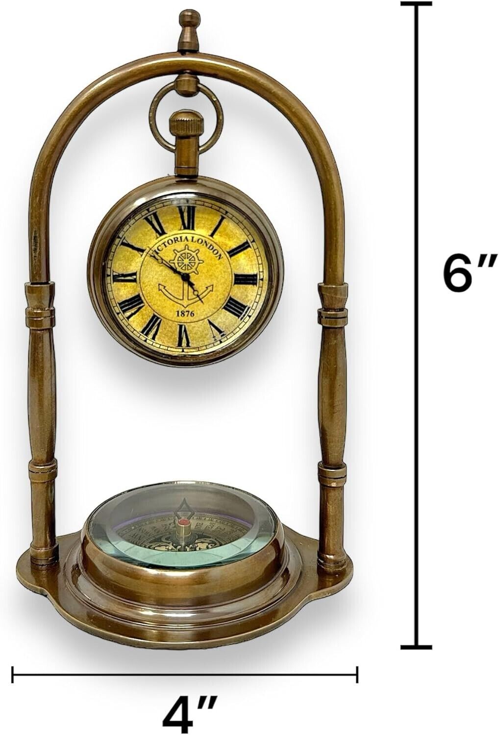 Maritime Compass Base Nautical Table Clock Ship's Clock Antique Brass Hanging