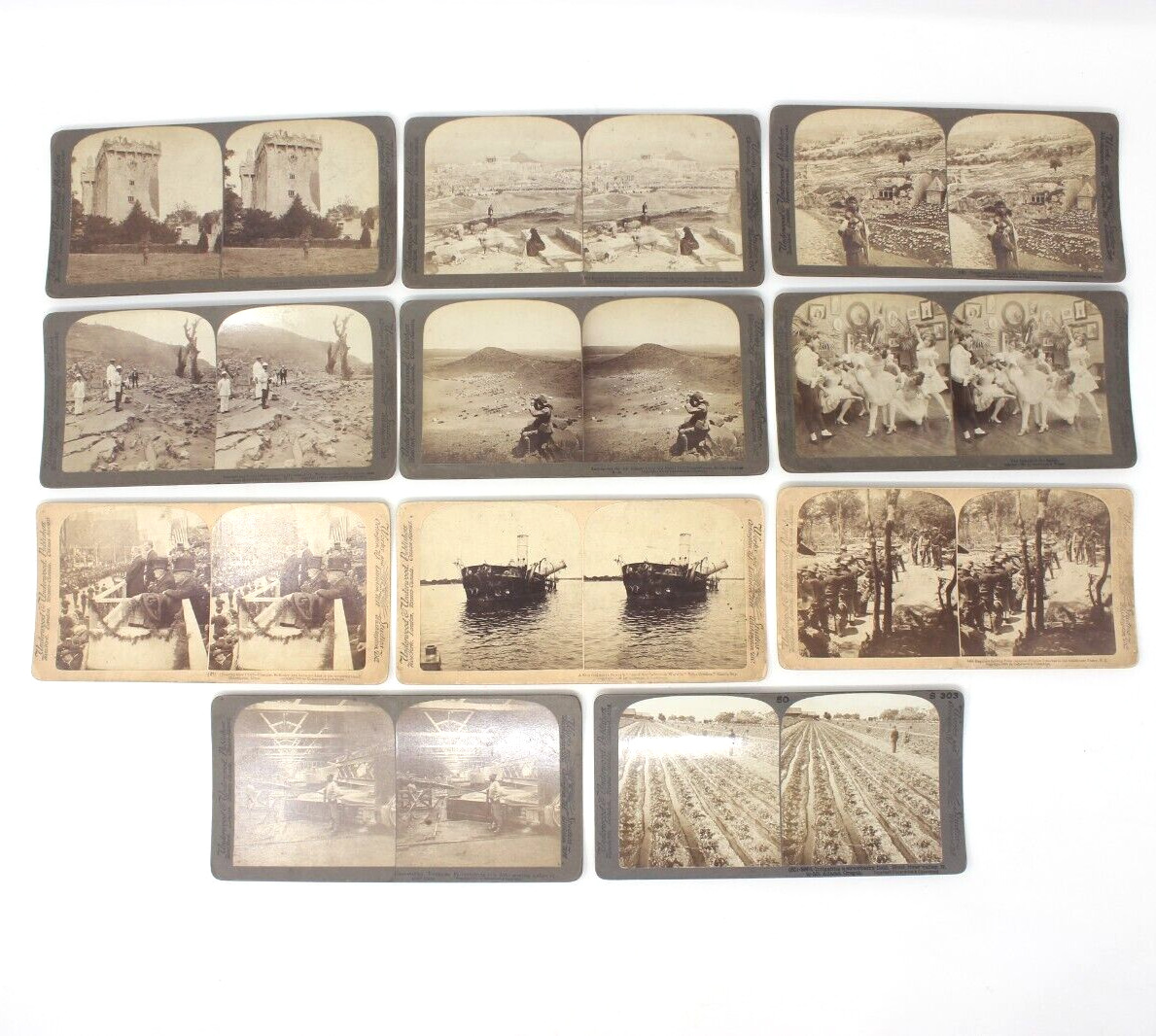 lot of 11 Military factory volcano castle president parade Underwood Stereoviews
