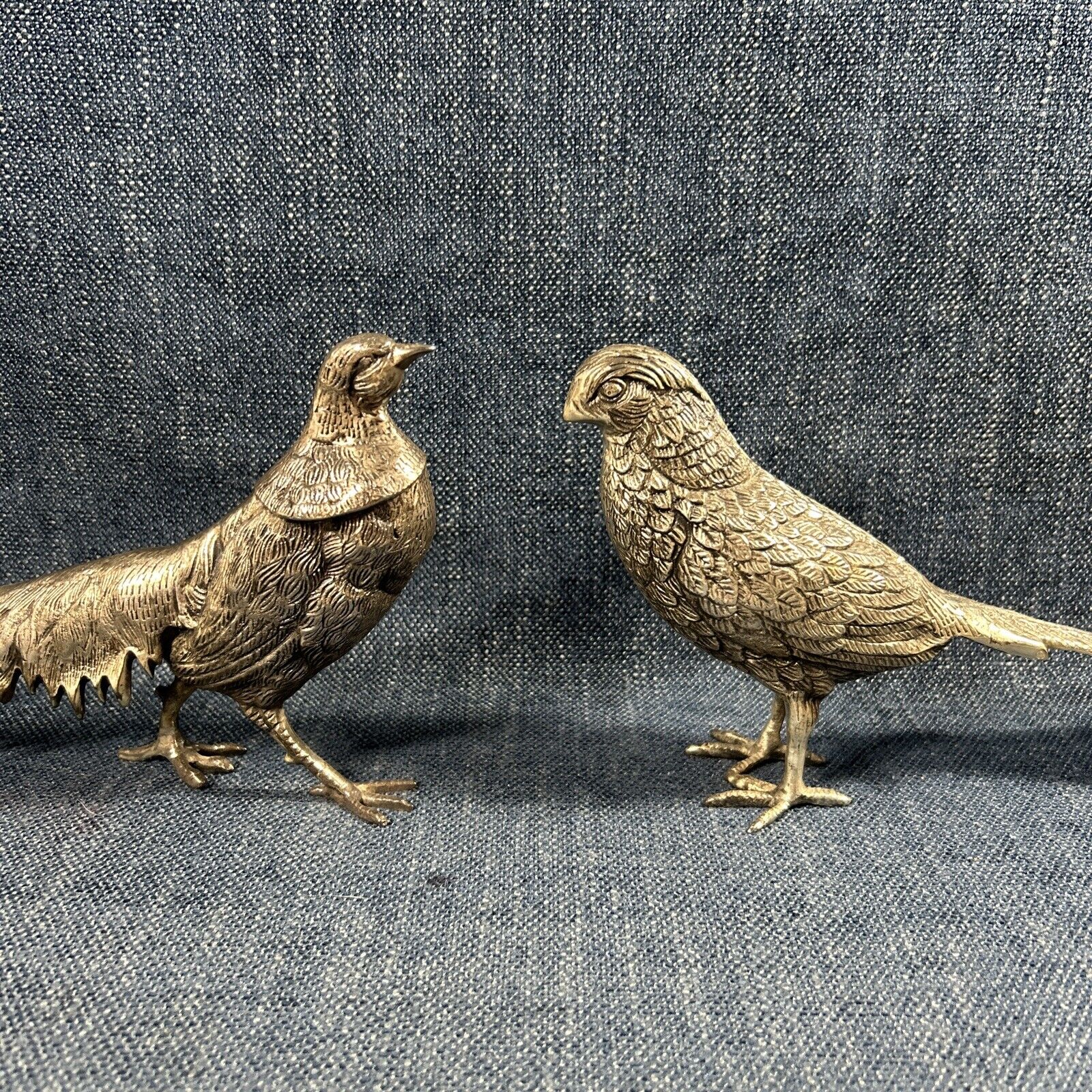 Vintage EPNS Pair Birds Silver tone Metal Pheasants Mandarin Ringneck MCM