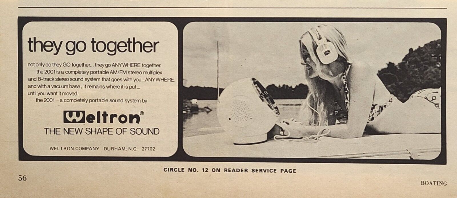 Weltron Portable 8-Track Stereo Durham NC Vacuum Base Vintage Print Ad 1972