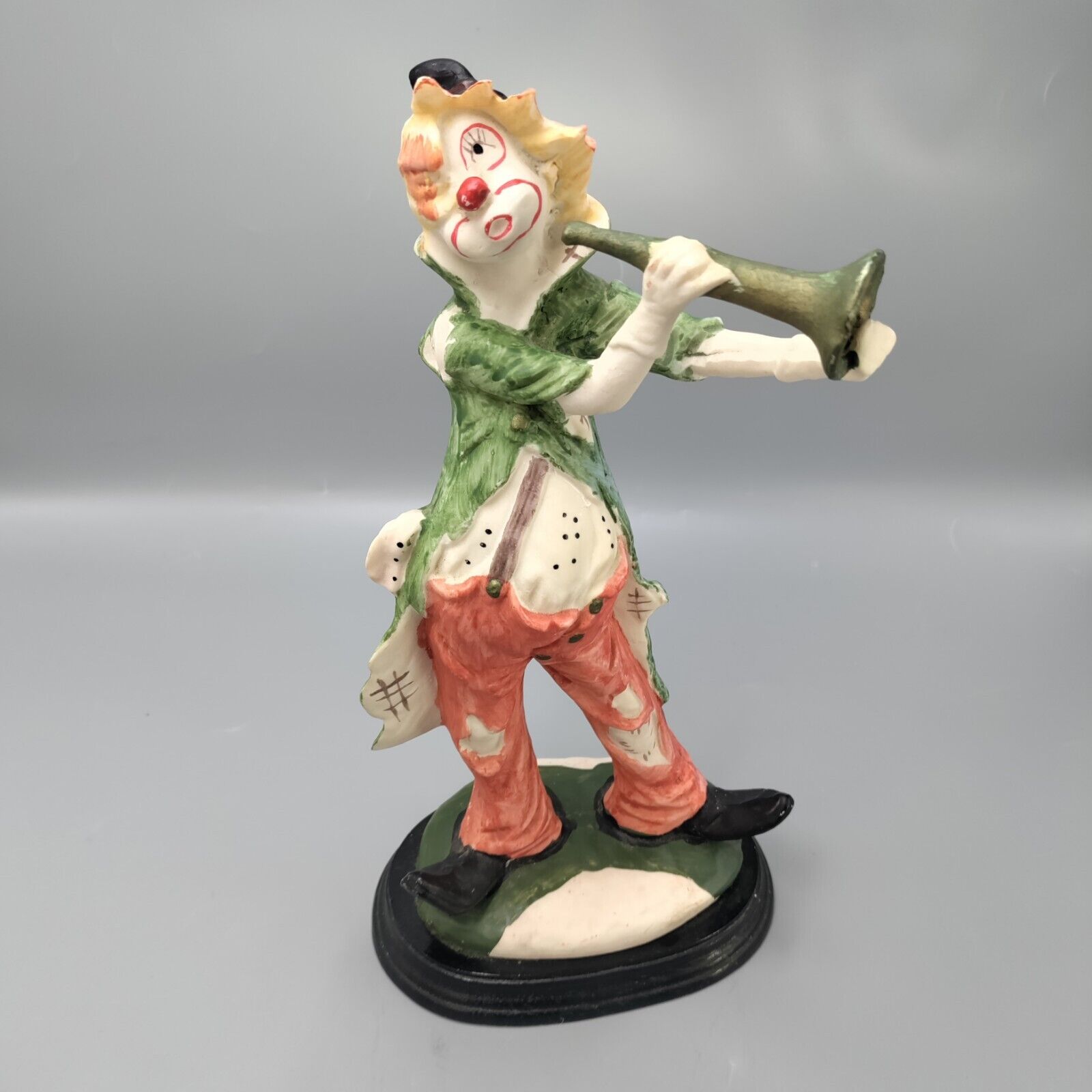 Vintage Hobo Circus Clown With Horn Trumpet On Wood Base 12\
