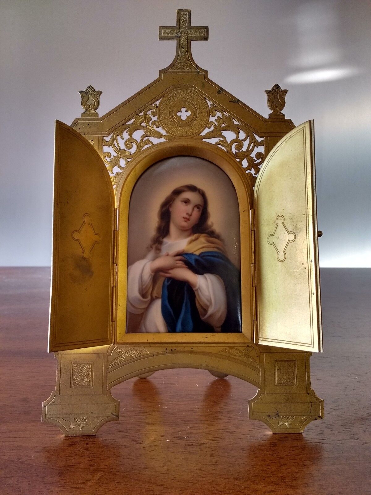 Antique Limoges - Alph Giroux Paris - Virgin Mary Porcelain Plaque - Gold Gilt