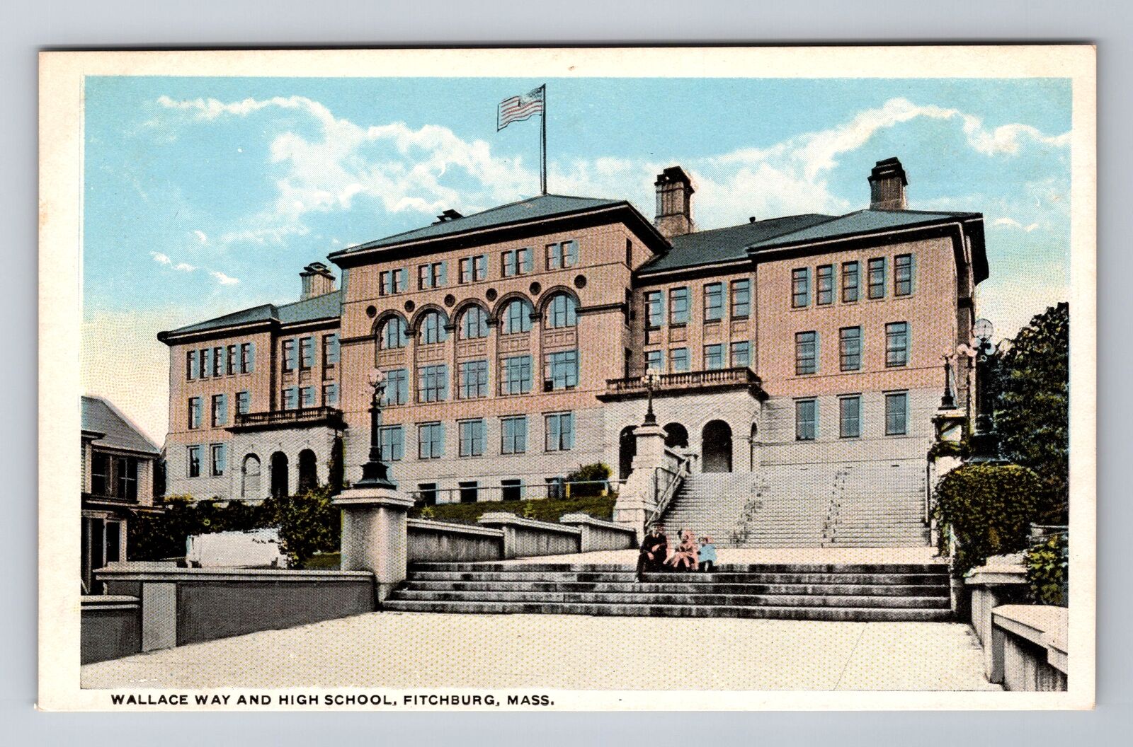 Fitchburg MA-Massachusetts, Wallace Way & High School, Antique Vintage Postcard