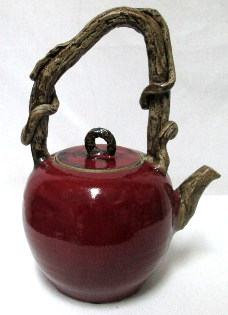 Vintage Chinese Canton stoneware Specialty Teapot with Spout red brown Handmade