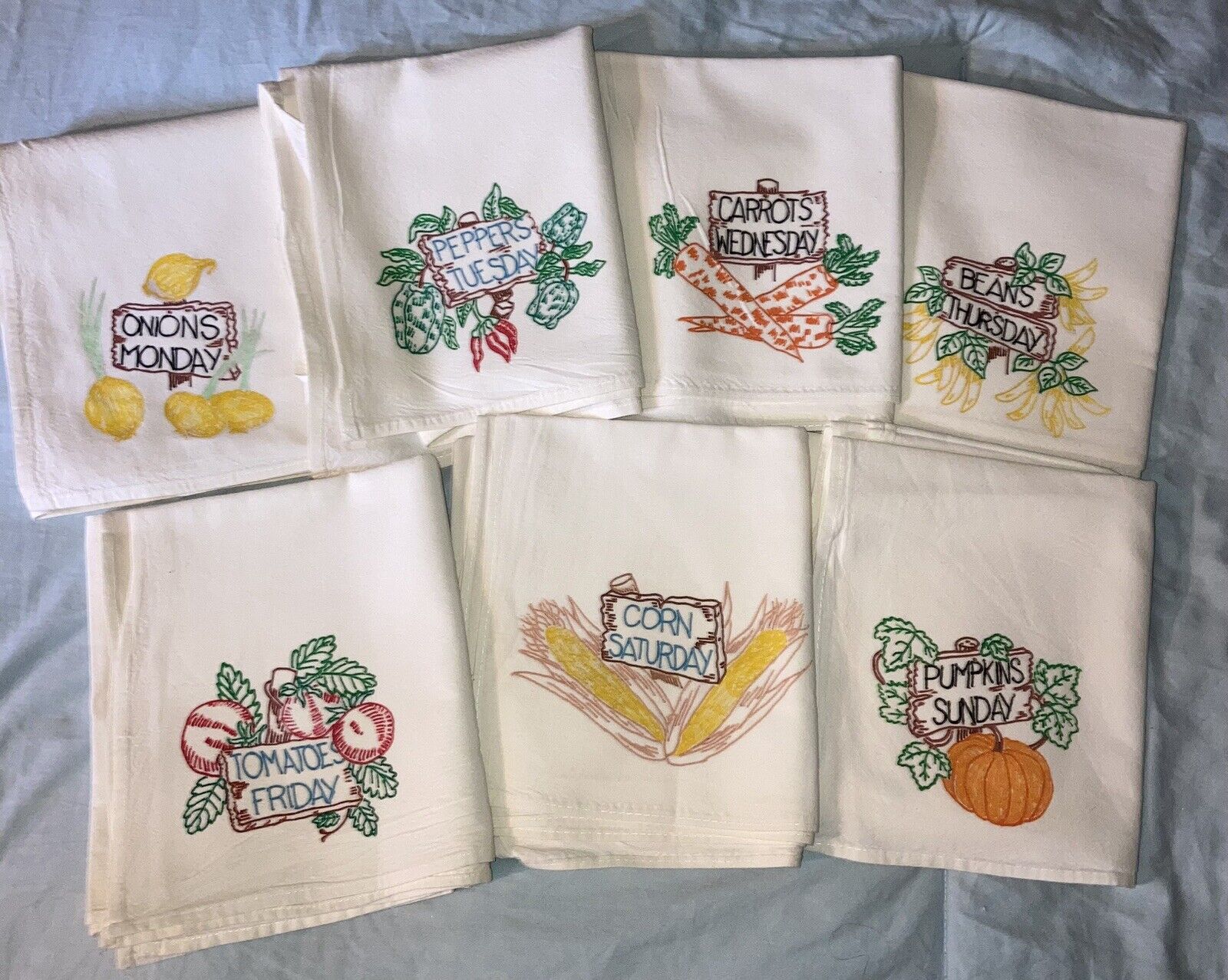 Vintage set of 7 “Days of the Week” vegetable themed flour sack dish/hand towels