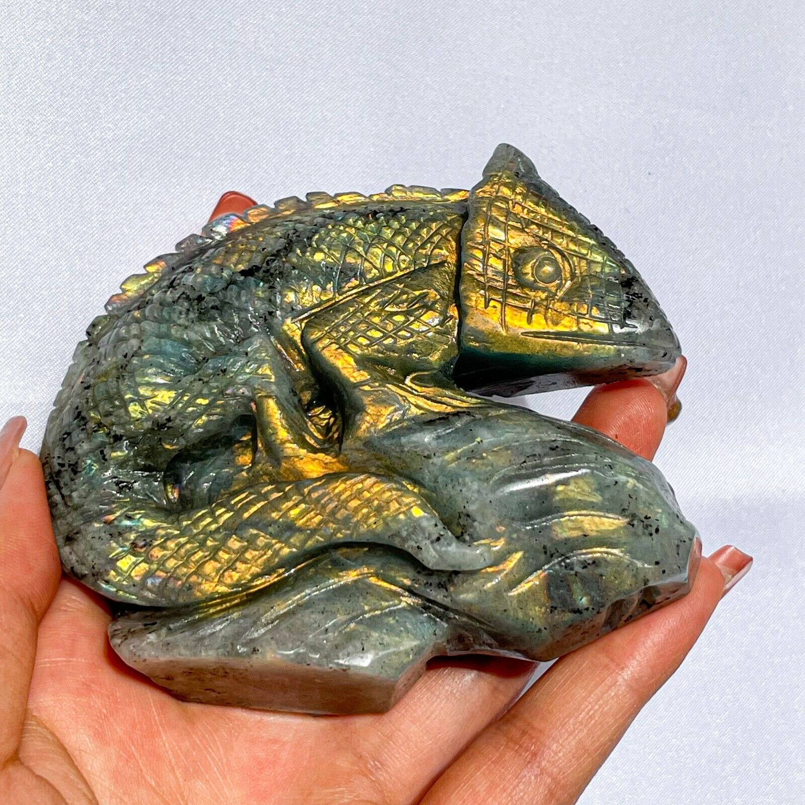 259g Natural Labradorite Chameleon Hand Carved Quartz Crystal Skull Healing Gift