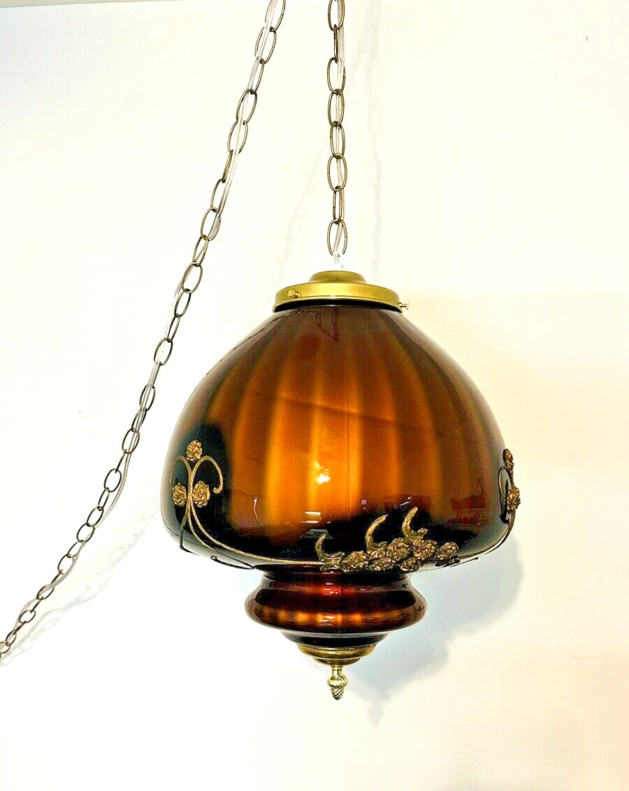 Vintage Large Amber With Black Tint & Embossed Gold Floral Pattern Swag Lamp 14\