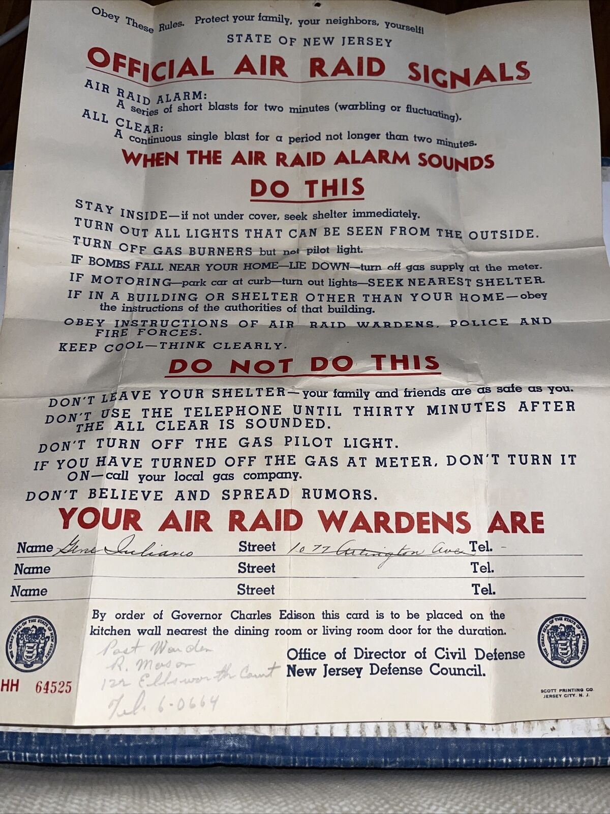 WWII CIVIL DEFENSE AIR RAID SIGNALS Alarm Poster State of NJ 1943 Letter on Back