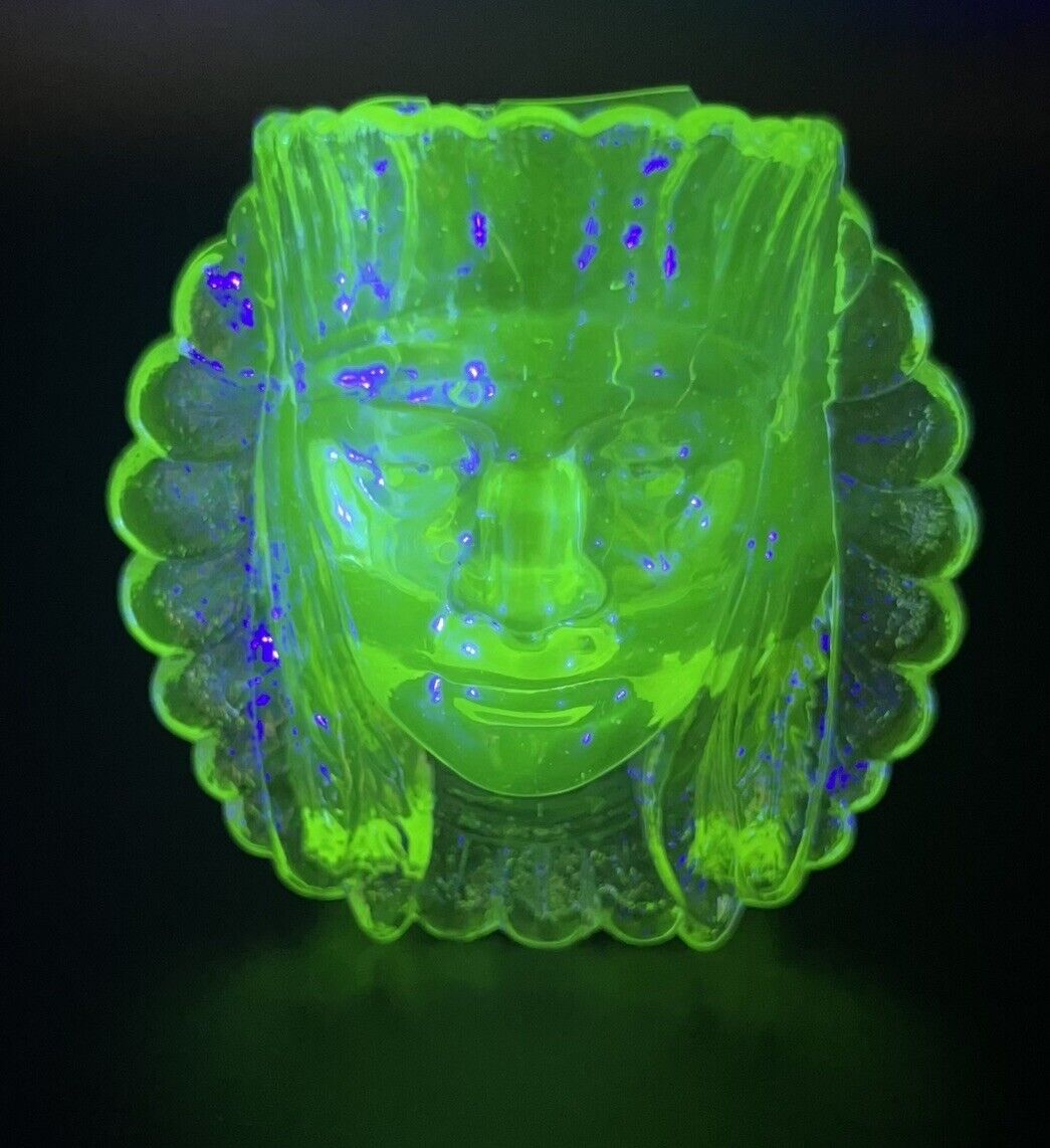 Boyd’s Crystal Art Glass’s Indian Head Vaseline Glass Toothpick, UV Reactive