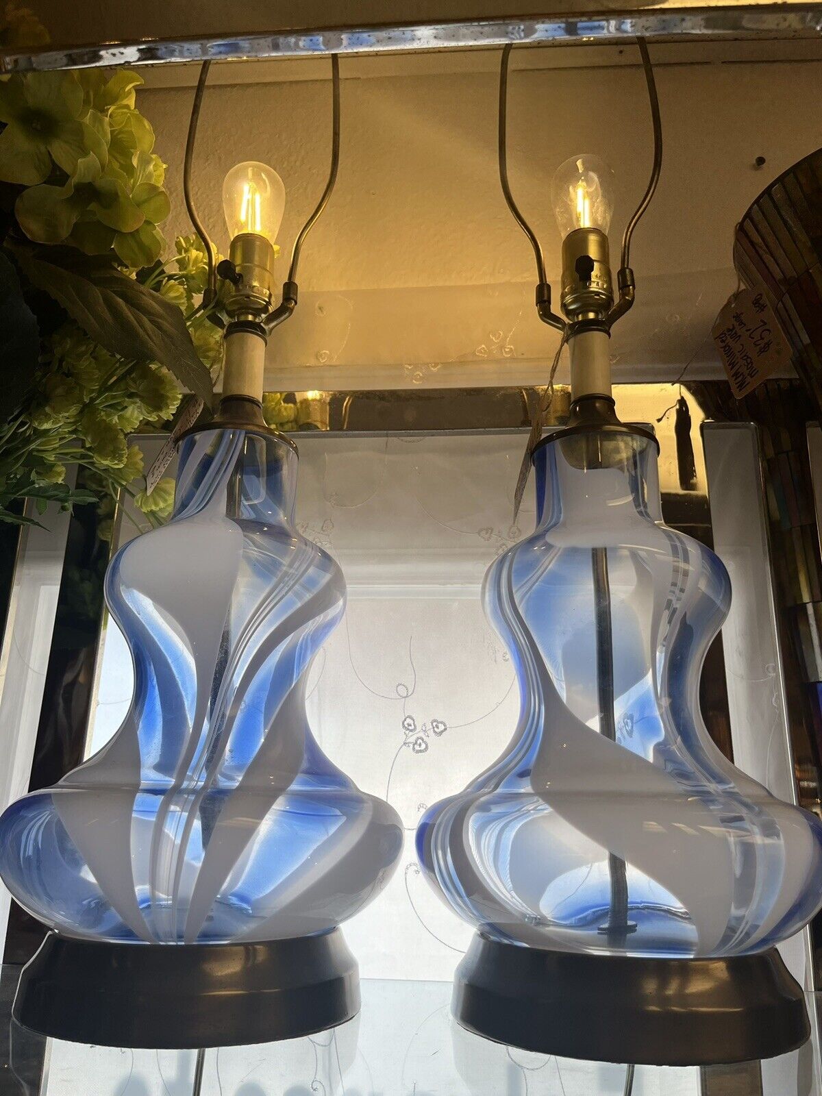 Vintage Pair MCM Murano Style Blue White Striped Swirl Glass Lamps