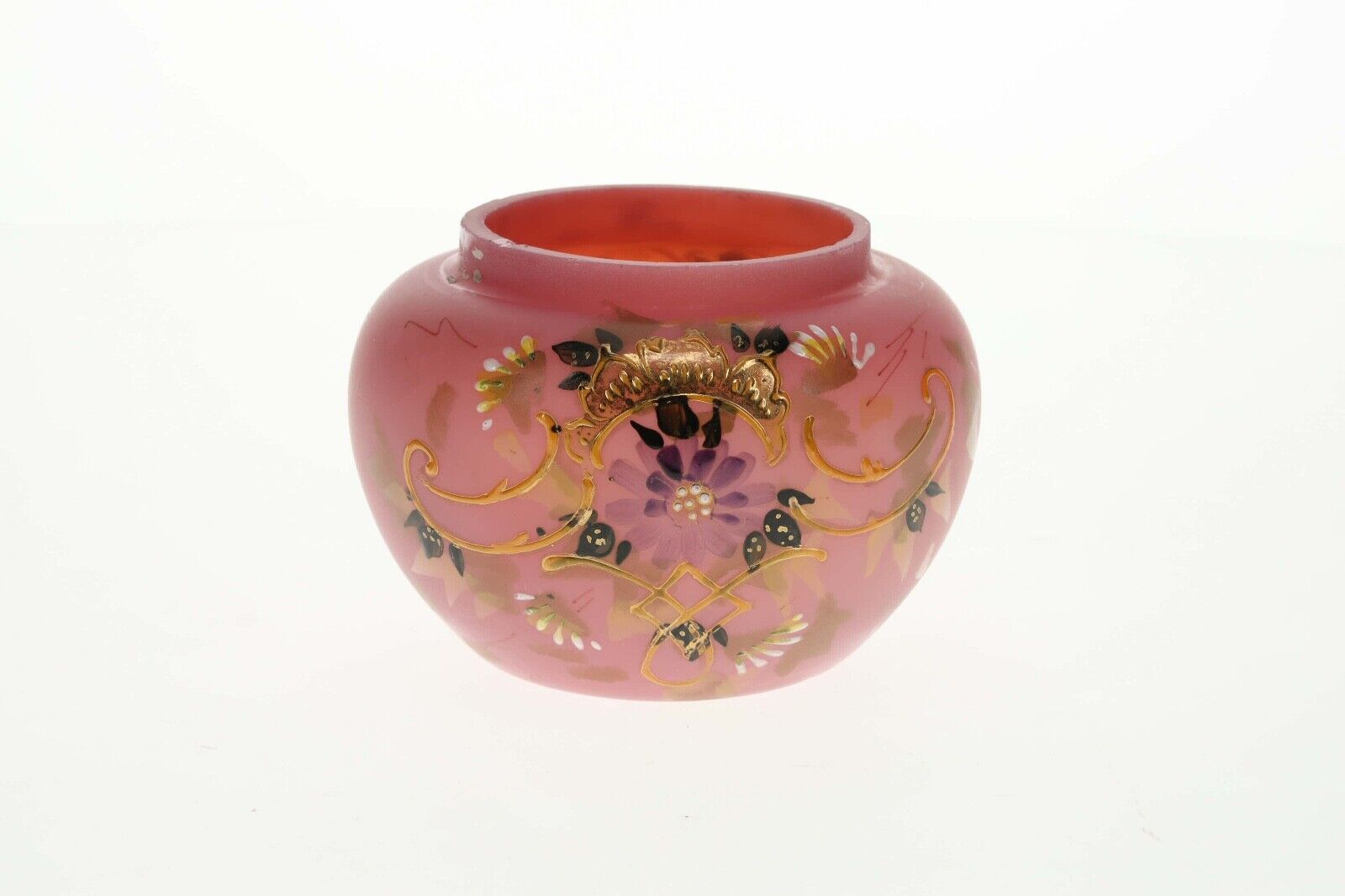 Vintage Antique Pink Glass Vase w/Painted Enamel & Floral Decoration CHARITY