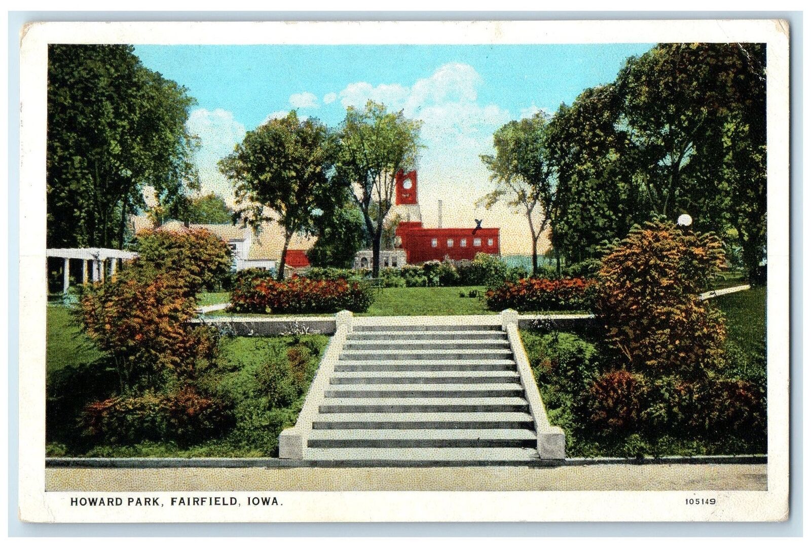 1927 Howard Park Stairway Flower Beads Tower Building Fairfield Iowa Postcard
