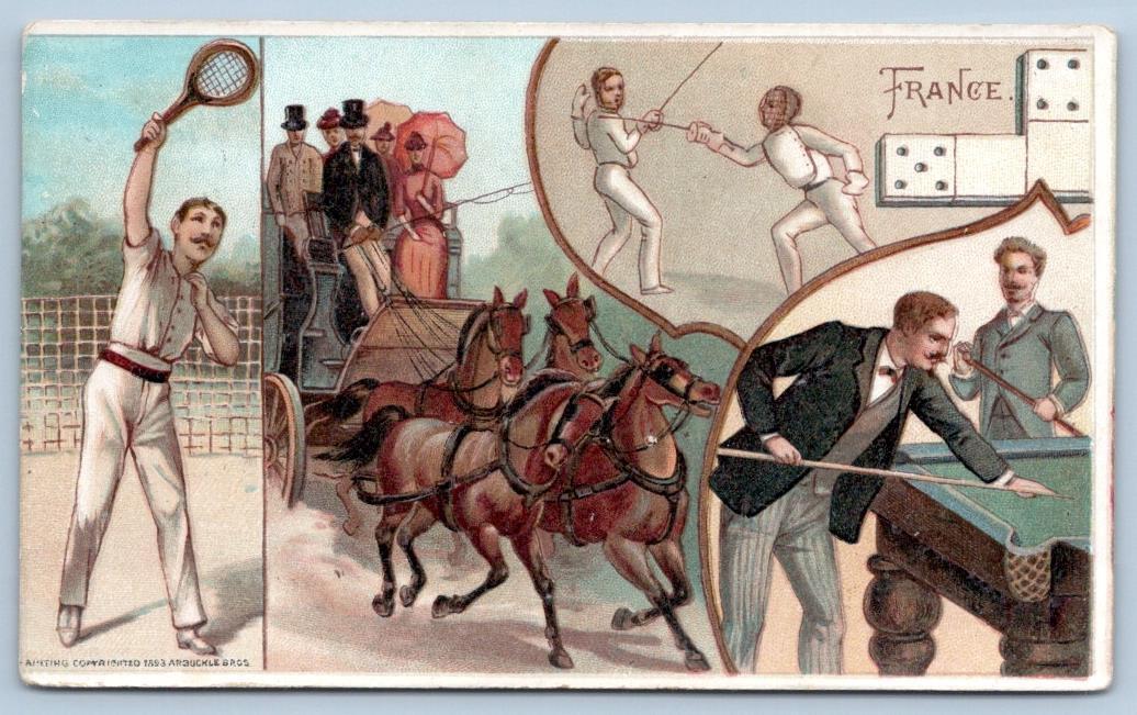 1893 FRANCE TENNIS FENCING BILLIARDS ARBUCKLE\'S COFFEE #6 VICTORIAN TRADE CARD