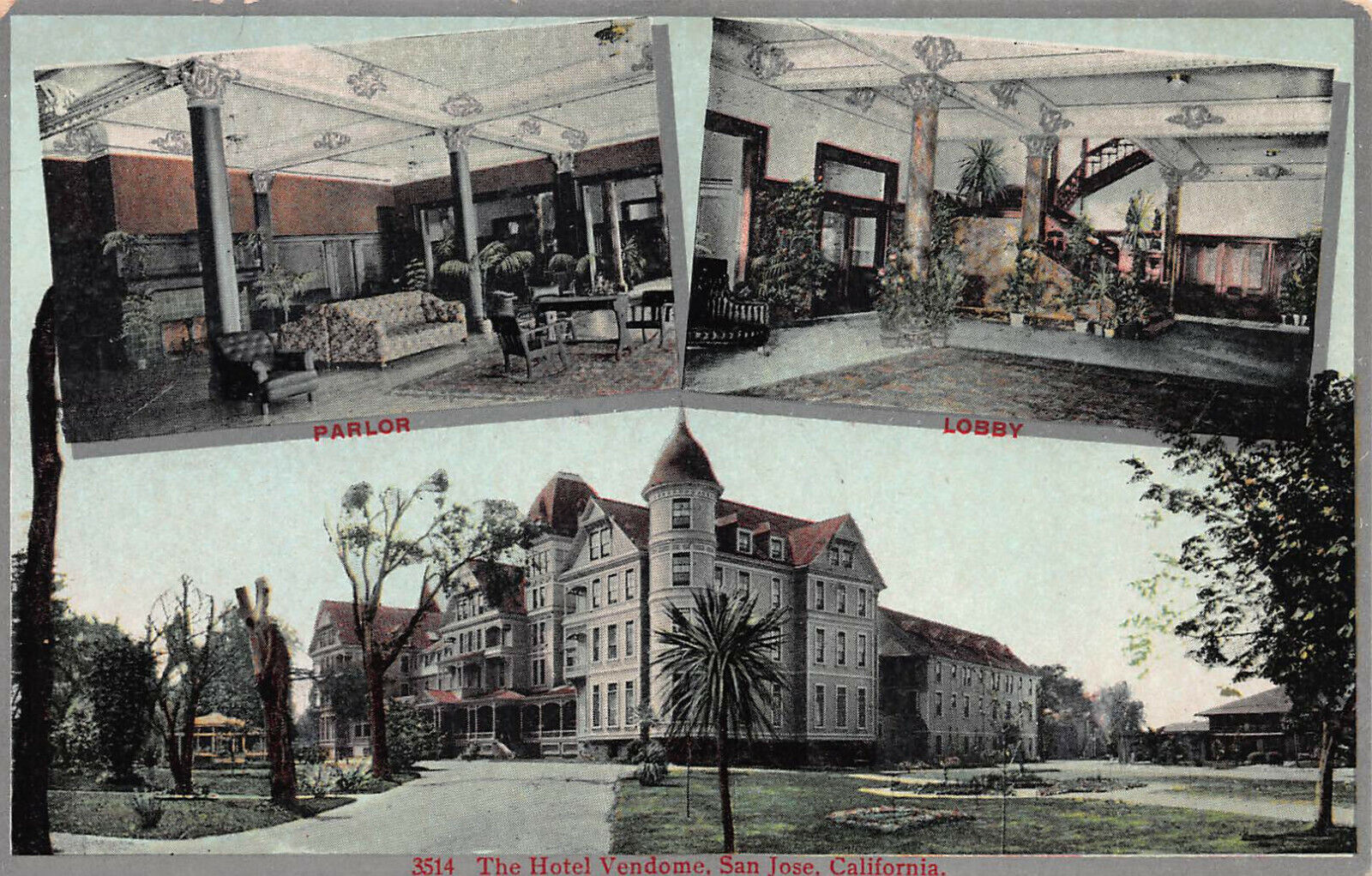 the Hotel Vendome, San Jose, California, Early Postcard, Unused 