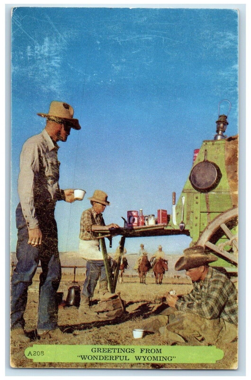 c1950\'s Greetings From Wonderful Wyoming WY Workers Horses Vintage Postcard