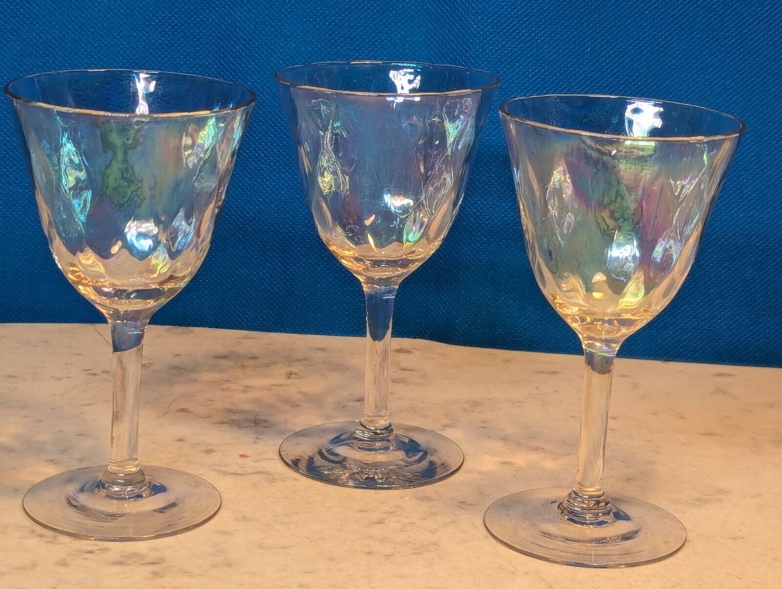 Vintage Stunning Iridescent Wine Cordial Glasses Small Set of 3 Paneled