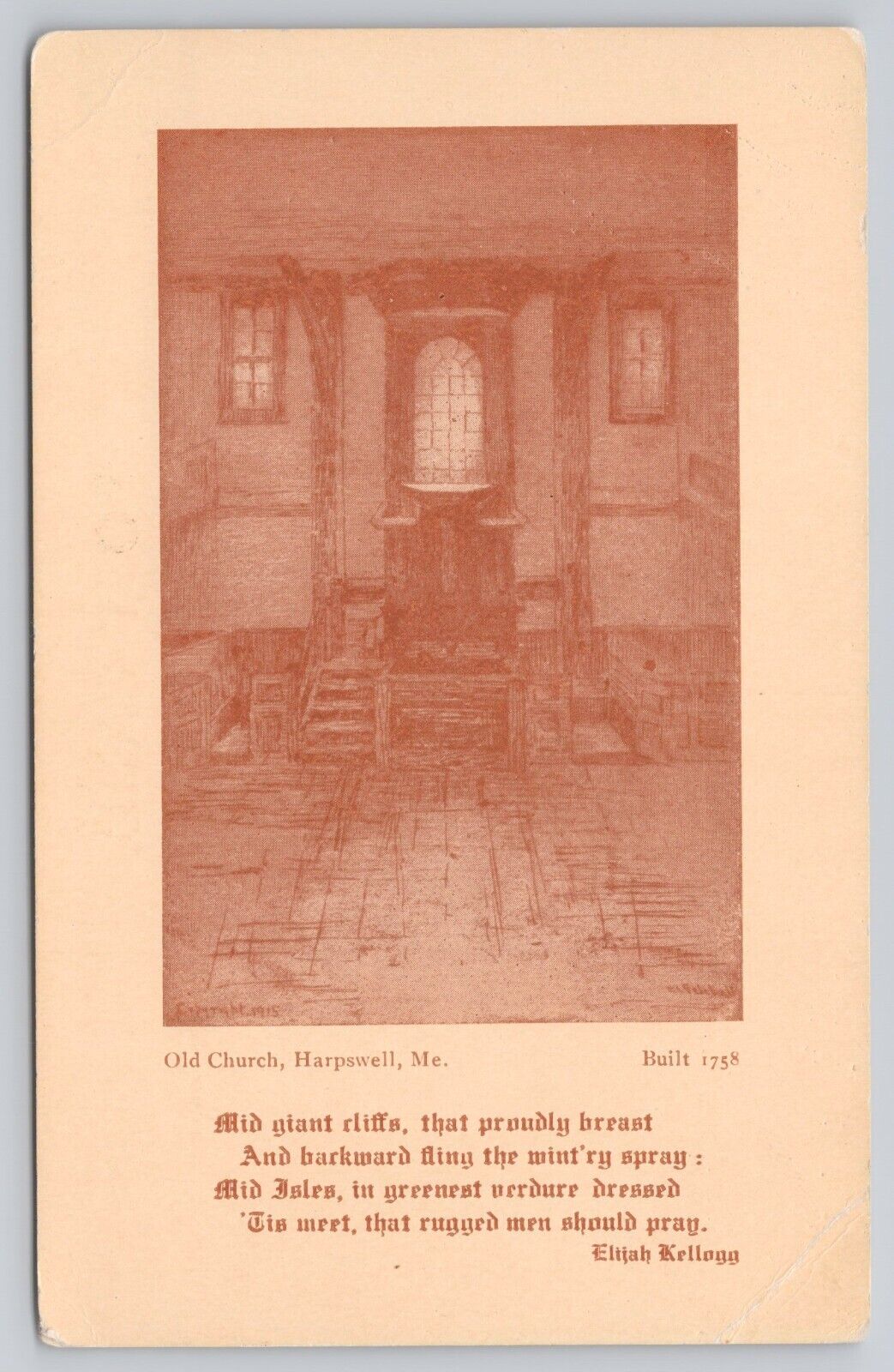 Vtg Post Card Old Church, Harpswell, Me. Built 1758 Elijah Kellogg Pulpit A177
