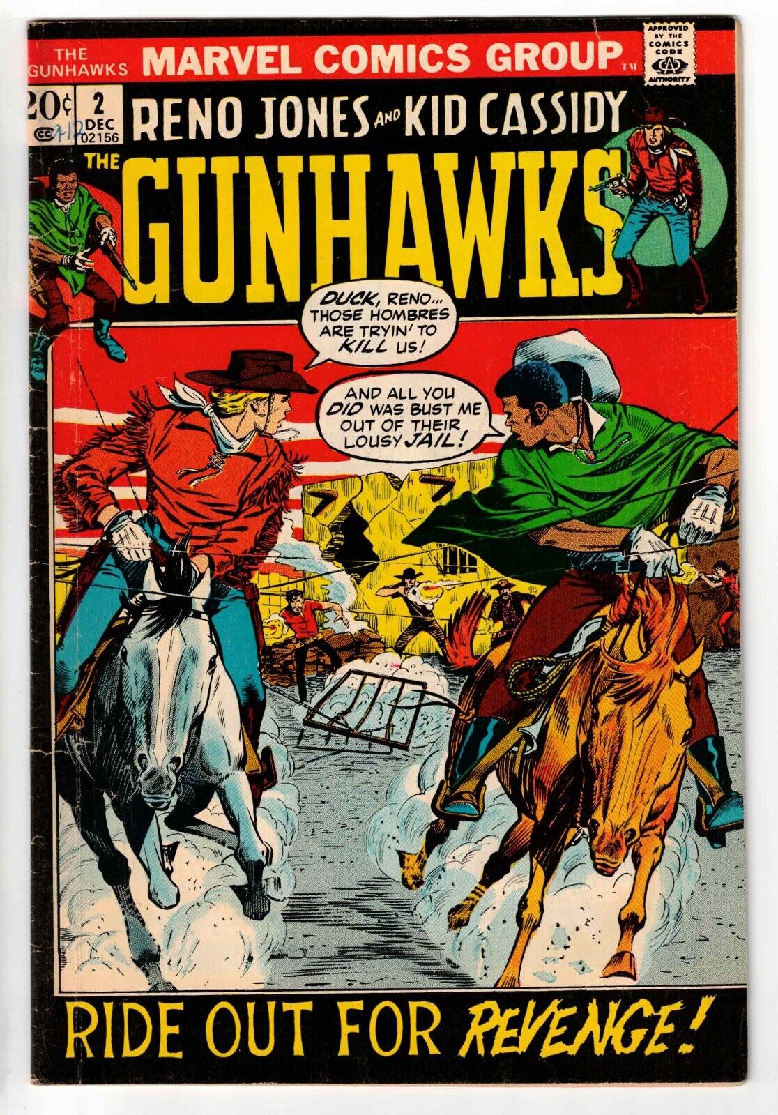 RENO JONES AND KID CASSIDY THE GUNHAWKS #2 1972 MARVEL BRONZE AGE