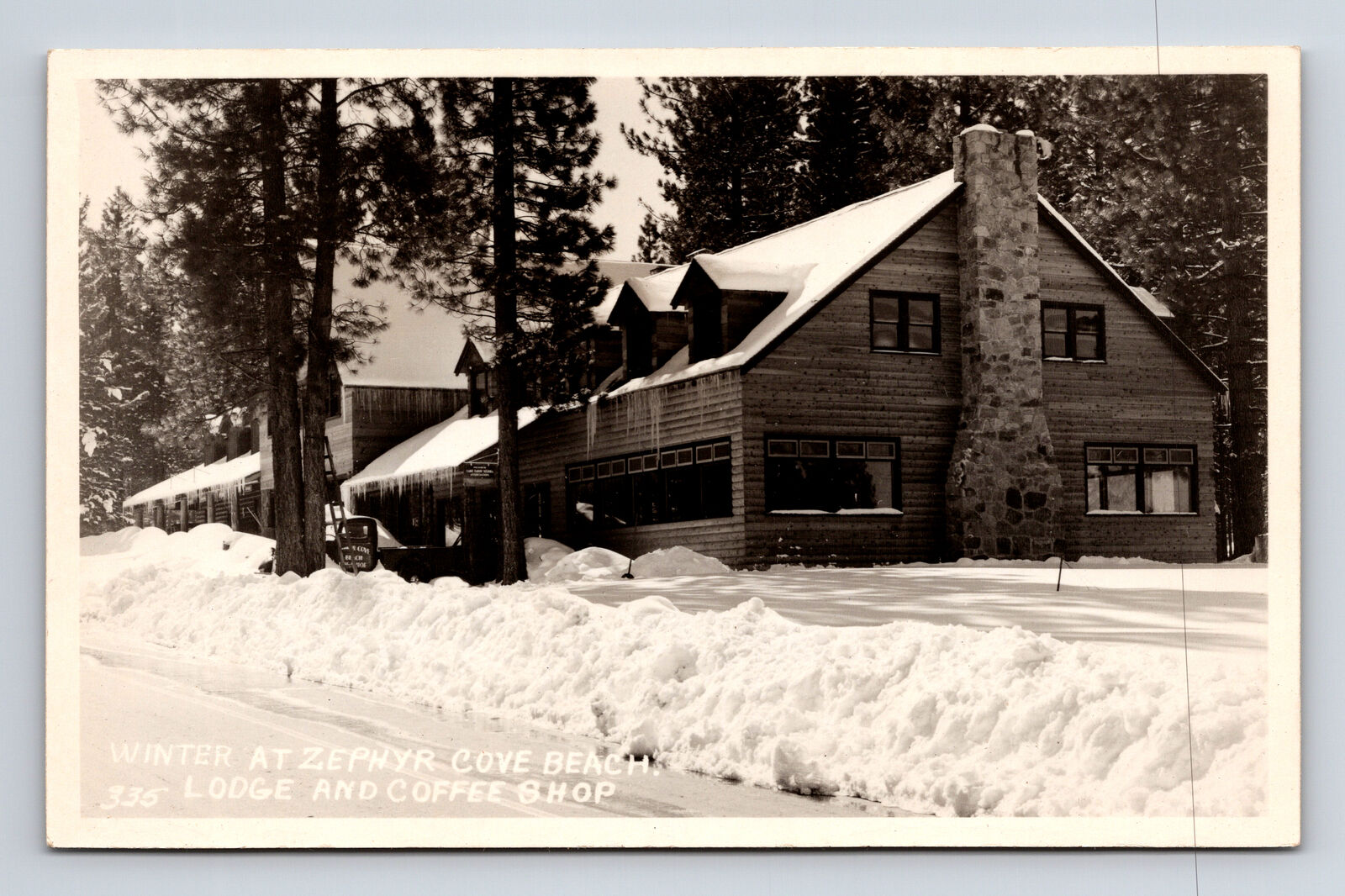 RPPC Winter at Zephyr Cove Beach Lodge Coffee Shop Truck Lake Tahoe NV Postcard