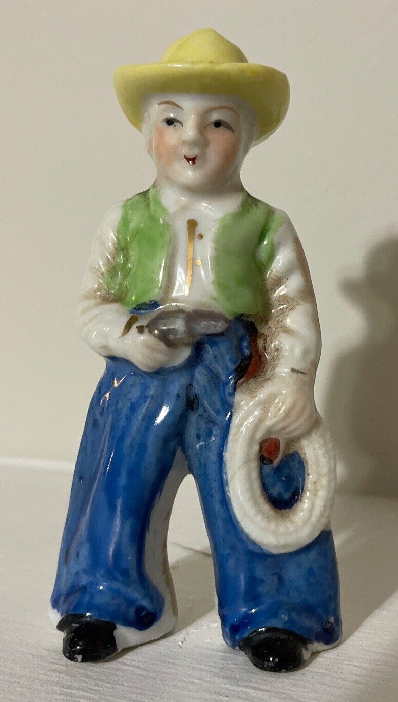 Vintage Occupied Japan Cowboy With Yellow Hat Hand Painted Porcelain Figurine