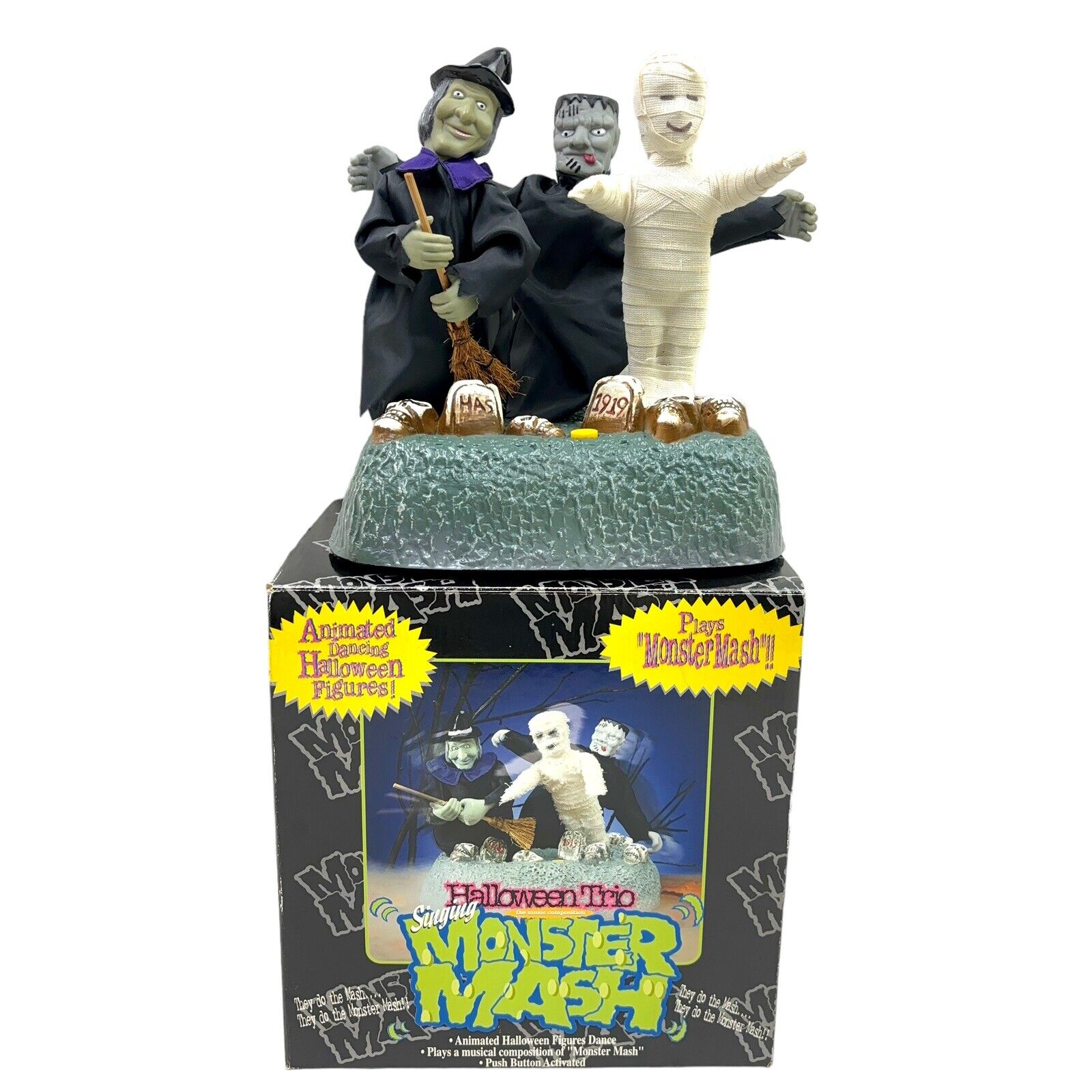 Gemmy Halloween Trio Animated Singing Monster Mash Witch Mummy Frankenstein Box