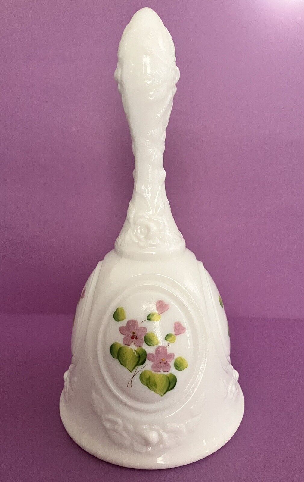 Vintage Fenton Violets in the Snow Milk Glass Bell Handpainted & Signed