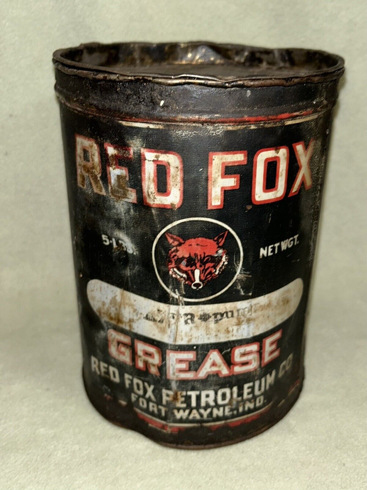 Antique Red Fox Petroleum Ft. Wayne IN Knox Oil Co Mt. Vernon OH Grease Can RARE