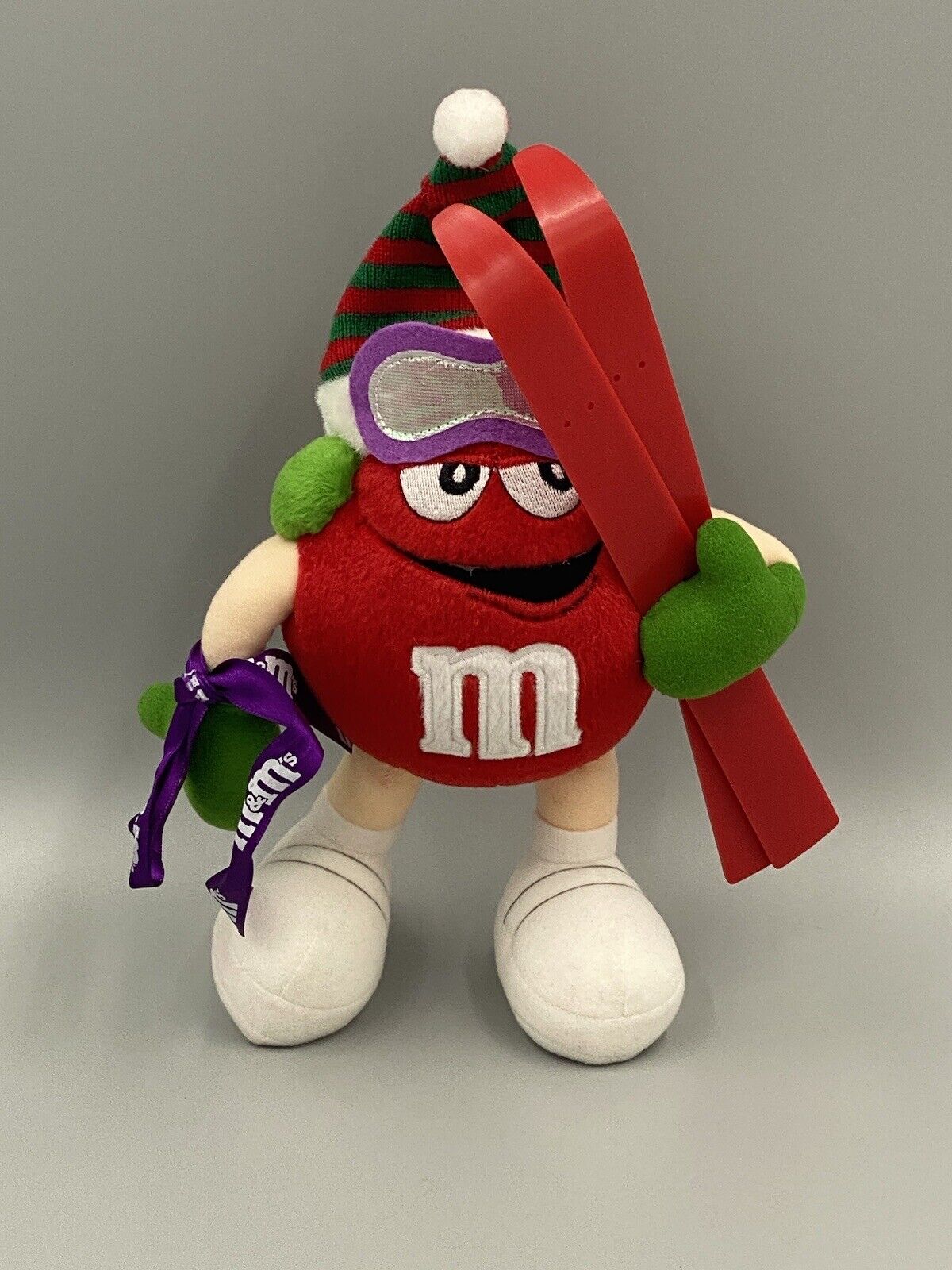 M&M Candy 11” Red Christmas Candy Plush W/ Skis In Striped Hat Stuffed M & M