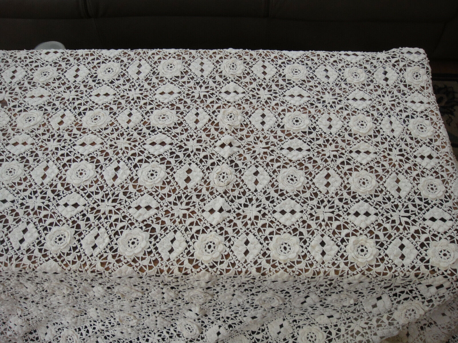 Vintage Off White Rose Crochet Large Rectangular Tablecloth Bedspread 74\