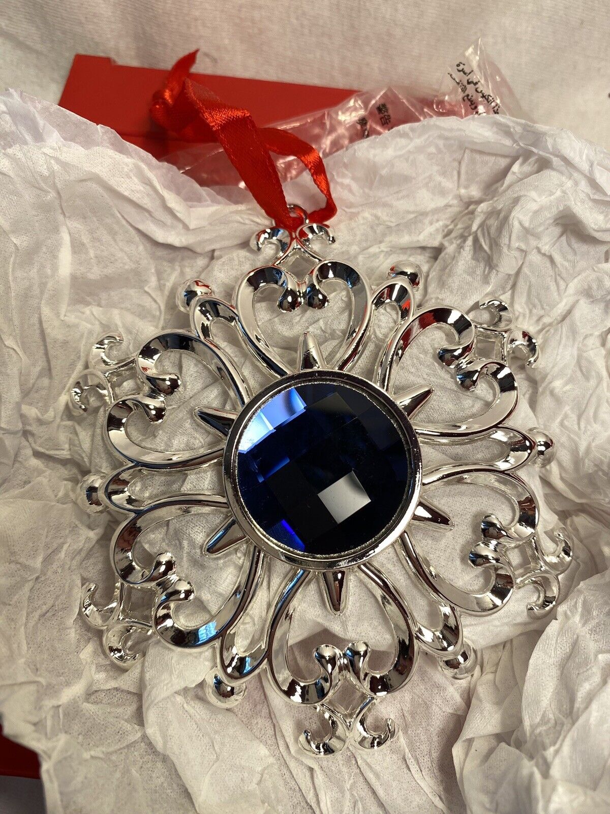 NEW Boxed Lenox BEJEWELED Snowflake Ornament Silver-plate Blue GEM #856360